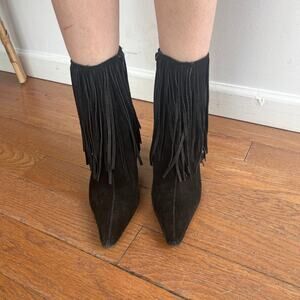 Y2K black suede fringe pointed toe kitten heel booties